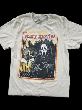 Let's Watch Scary Movies Graphic Tee - Cream with Black/Red/Yellow Print
